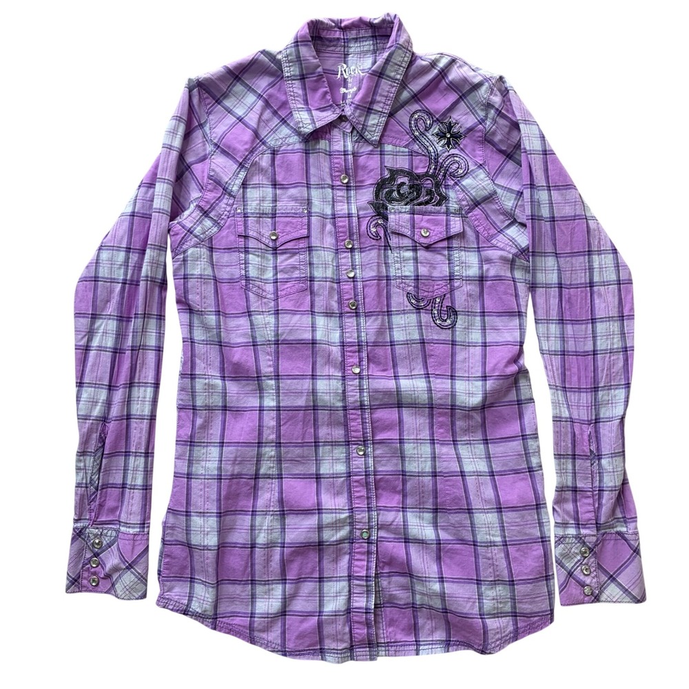 Rock 47 by Wrangler Women Purple Plaid Embroidered Rhinestone Western Snap Shirt